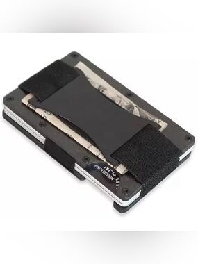 Minimalist Metal Carbon Fiber RFID Blocking Wallet with Cash Strap (Black)